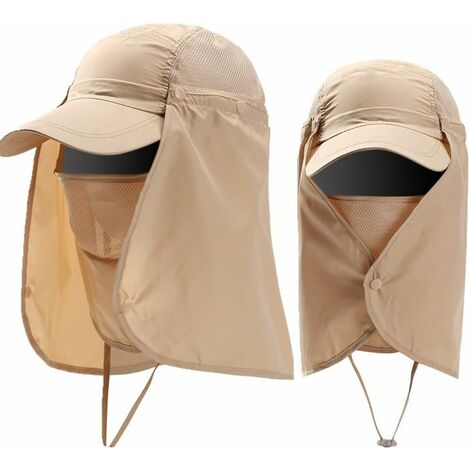 Hommes Chapeau de pêche Amovible casquette visière pliable large bord Protection 360°Protège-nuque chapeau pour cyclisme camping randonnée chasse escalade,Kaki,Starlight