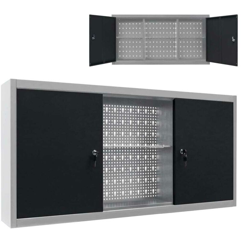 

Armario de herramientas de pared industrial metal gris y negro - Hommoo