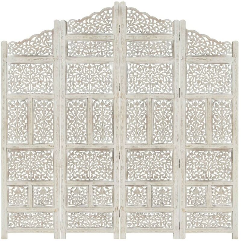 

Biombo 4 paneles tallado a mano madera mango blanco 160x165 cm - Hommoo