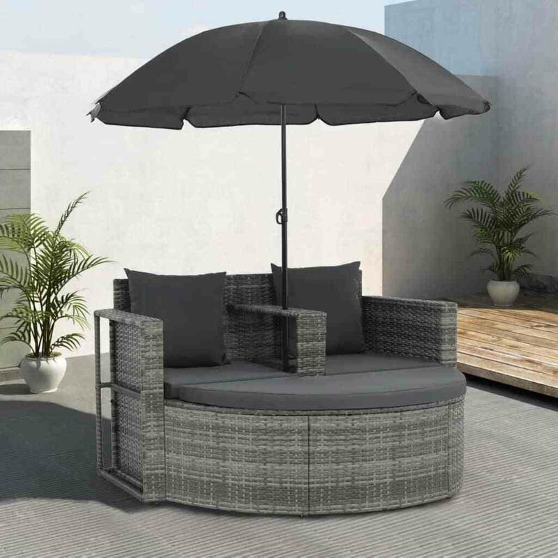 Hommoo Canapé de jardin avec coussins et parasol Gris Résine tressée HDV28670