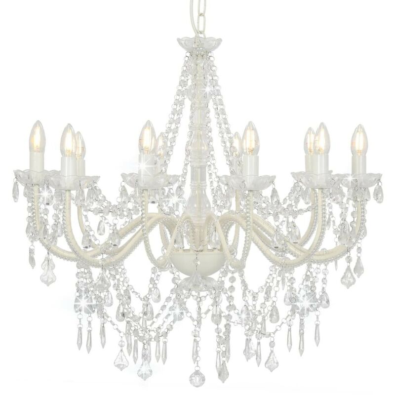 Hommoo - Chandelier with Beads White 12 x E14 Bulbs VD23205