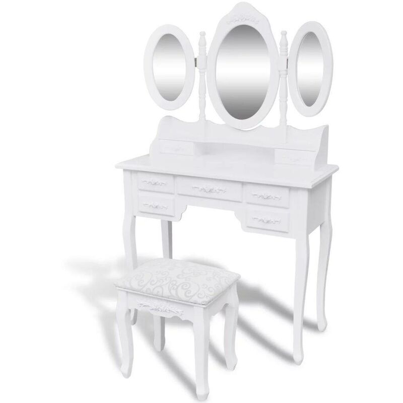 Coiffeuse avec tabouret et 3 miroirs Blanc HDV08756 - Hommoo