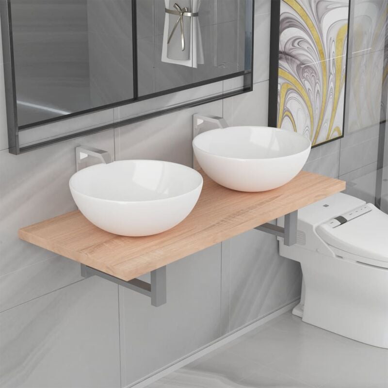 

Conjunto de muebles de baño de tres piezas cerámica roble - Hommoo