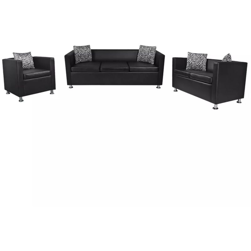 

Conjunto de sofás de 2 y 3 plazas y sillón de cuero artificial negro - Hommoo