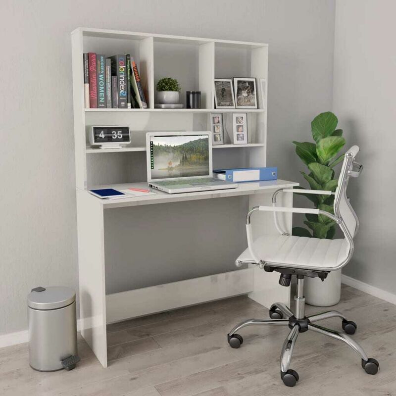 

Escritorio con estantes aglomerado blanco brillo 110x45x157 cm - Hommoo