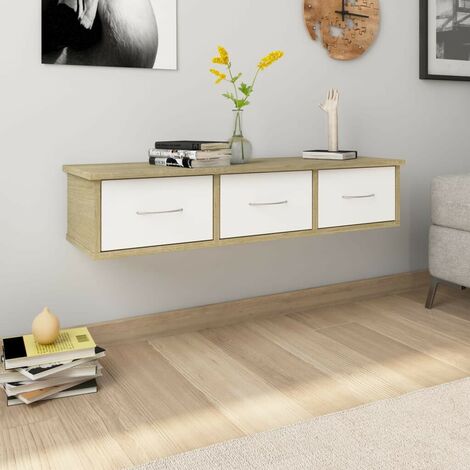Hommoo Estante cajones pared aglomerado blanco y Sonoma 90x26x18,5 cm