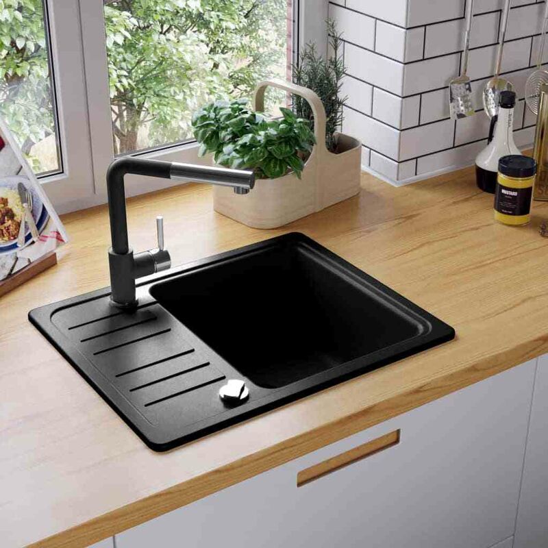

Fregadero de cocina de granito con un seno negro - Hommoo