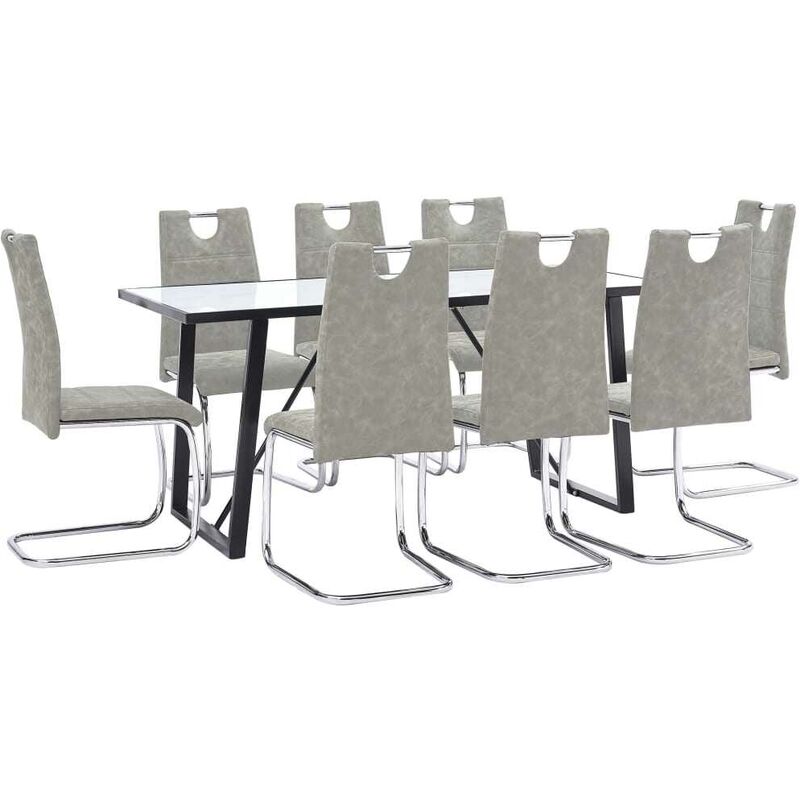 

Hommoo Juego de comedor 9 piezas cuero sintético gris claro