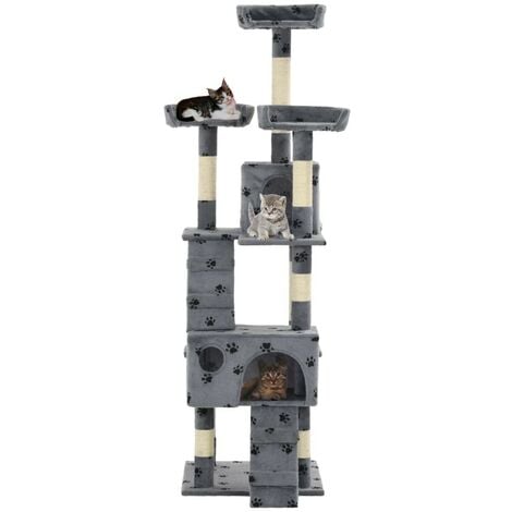 Hommoo Katzen-Kratzbaum mit Sisal-Säulen 170 cm Pfoten-Aufdruck Grau