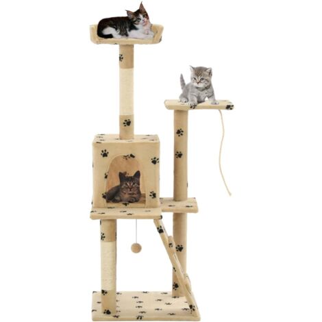 Hommoo Katzen-Kratzbaum Sisal 120 cm Beige Pfoten-Aufdruck