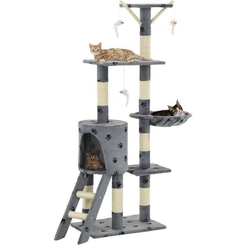 Hommoo - Katzen-Kratzbaum Sisal 138 cm Grau Pfoten-Aufdruck