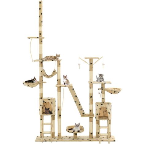 Hommoo Katzen-Kratzbaum Sisal 230 - 250 cm Pfoten-Aufdruck Beige
