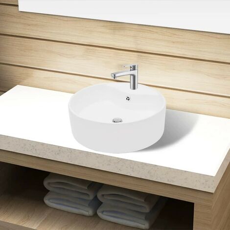 Hommoo Lavabo a trou de trop-plein/robinet ceramique Blanc Rond HDV04216