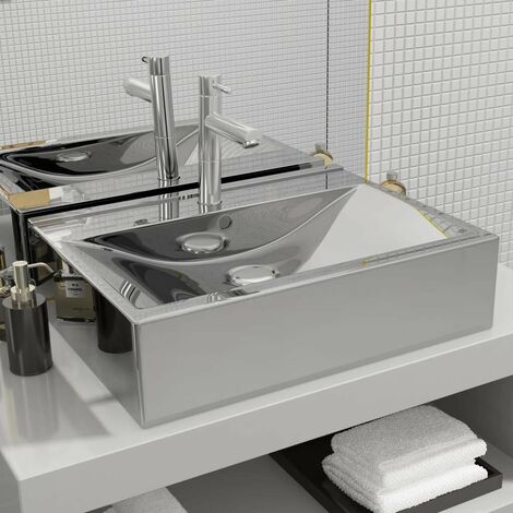 Hommoo Lavabo avec trop-plein 60x46x16 cm Ceramique Argente HDV05415