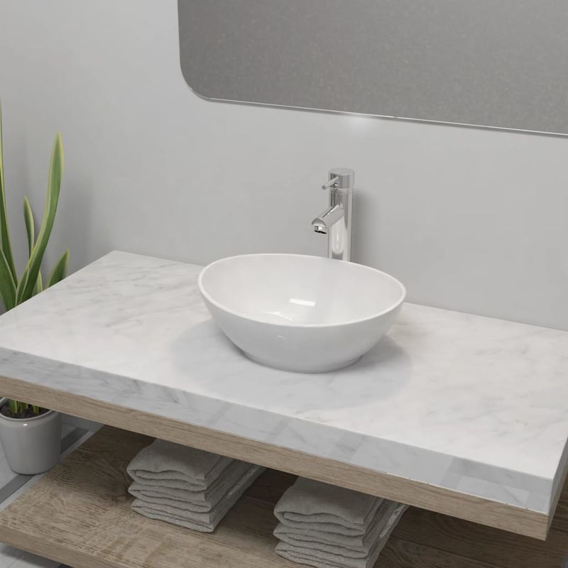 

Lavabo de baño con grifo mezclador cerámica ovalado blanco - Hommoo