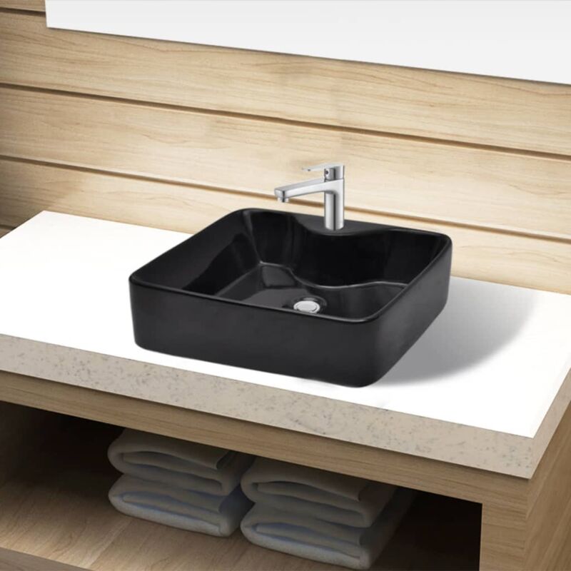 

Lavabo de cerámica cuadrado con orificio de grifo/desagüe negro - Hommoo