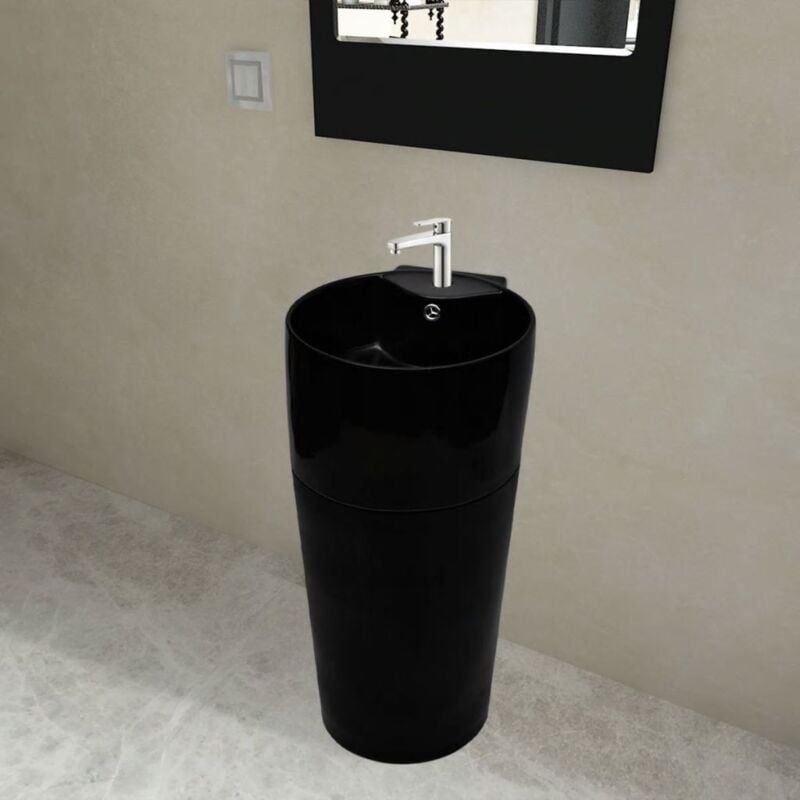 

Lavabo redondo de cerámica con orificio de grifo/desagüe negr - Hommoo