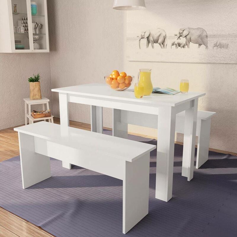 

Hommoo - Mesa de comedor y bancos 3 piezas madera aglomerada blanca