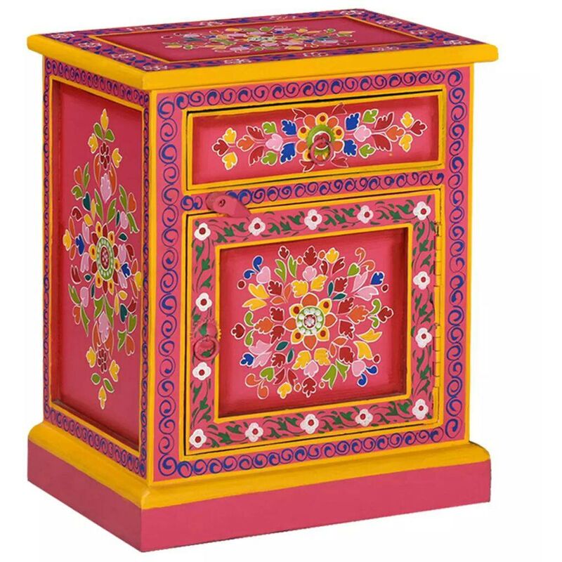 

Mesita de noche de madera maciza de mango rosa pintada a mano - Hommoo
