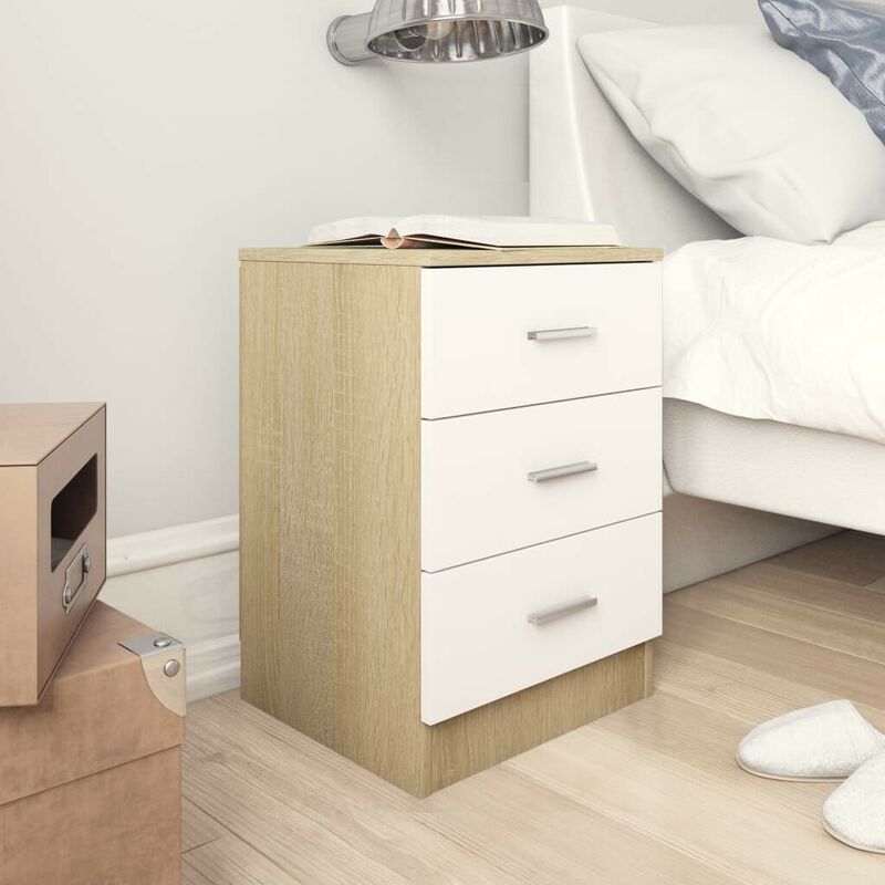 

Mesitas noche 2 uds aglomerado blanco y roble Sonoma 38x35x56cm - Hommoo