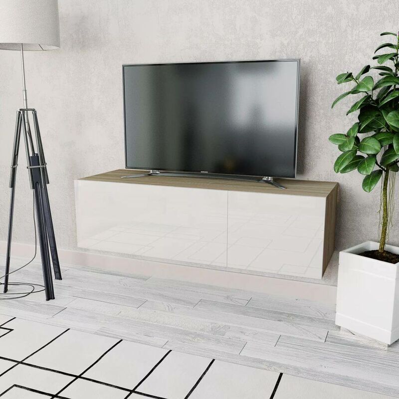 Meuble TV Agglomere 120 x 40 x 34 cm Chene et blanc brillant HDV10897 - Hommoo