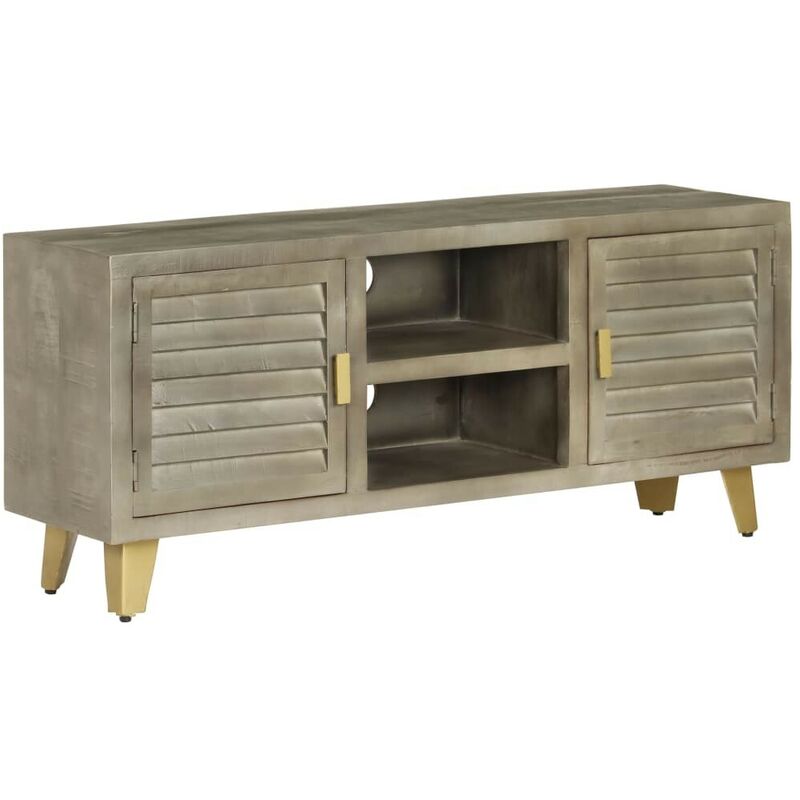 Meuble TV Bois solide de manguier Gris avec laiton 110x30x48 cm HDV12606 - Hommoo