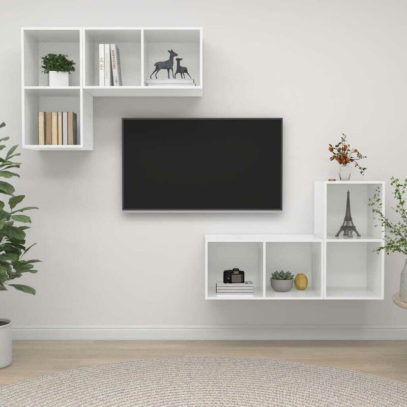 Hommoo Meubles TV muraux 4 pcs Blanc brillant Agglomere