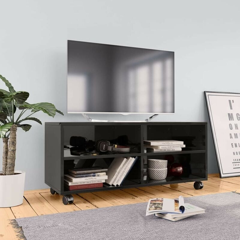 

Mueble de TV con ruedas aglomerado negro brillante 90x35x35 cm - Hommoo