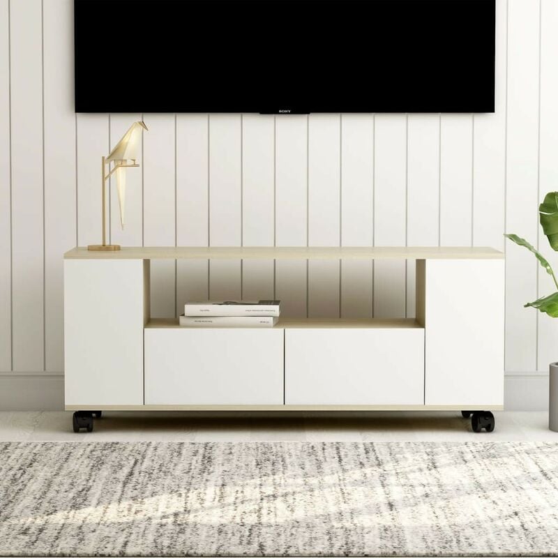 

Mueble para TV aglomerado blanco y roble Sonoma 120x35x43 cm - Hommoo