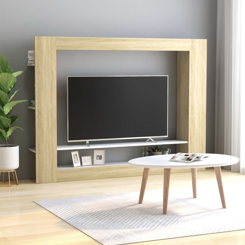 

Mueble para TV aglomerado blanco y roble Sonoma 152x22x113 cm - Hommoo