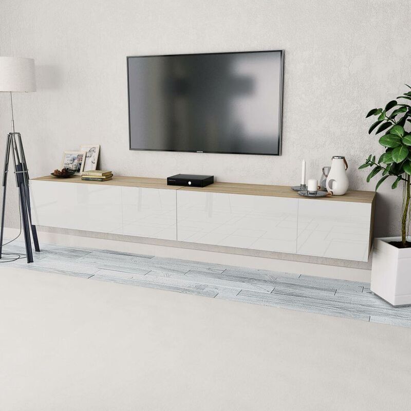 

Mueble para TV aglomerado roble y blanco con brillo 2 piezas - Hommoo
