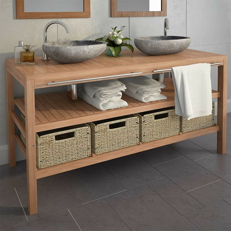 

Mueble tocador madera teca maciza con lavabos de piedra de río - Hommoo