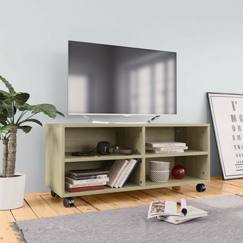 

Hommoo Mueble TV con ruedas aglomerado color roble Sonoma 90x35x35 cm