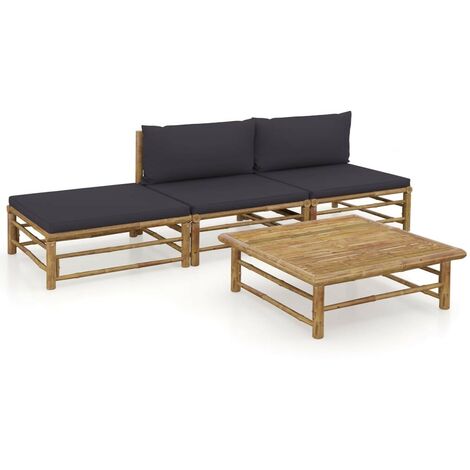 Hommoo Salon de jardin 4 pcs avec coussins gris fonce Bambou