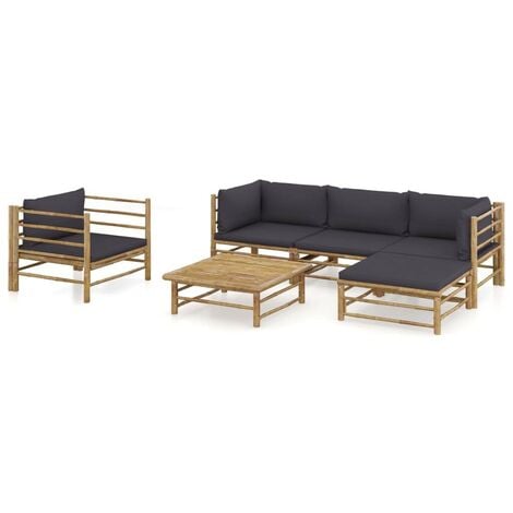 Hommoo Salon de jardin 6 pcs avec coussins gris fonce Bambou