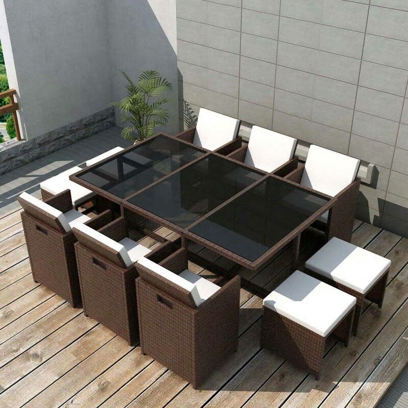 

Set comedor de jardín 11 pzas y cojines ratán sintético marrón - Hommoo