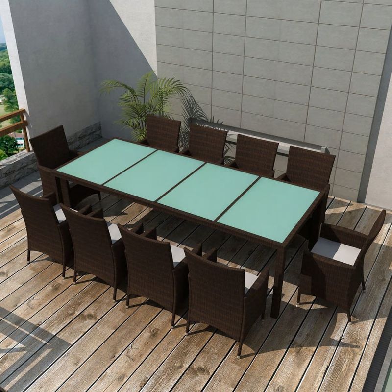 

Set comedor de jardín 11 pzas y cojines ratán sintético marrón - Hommoo