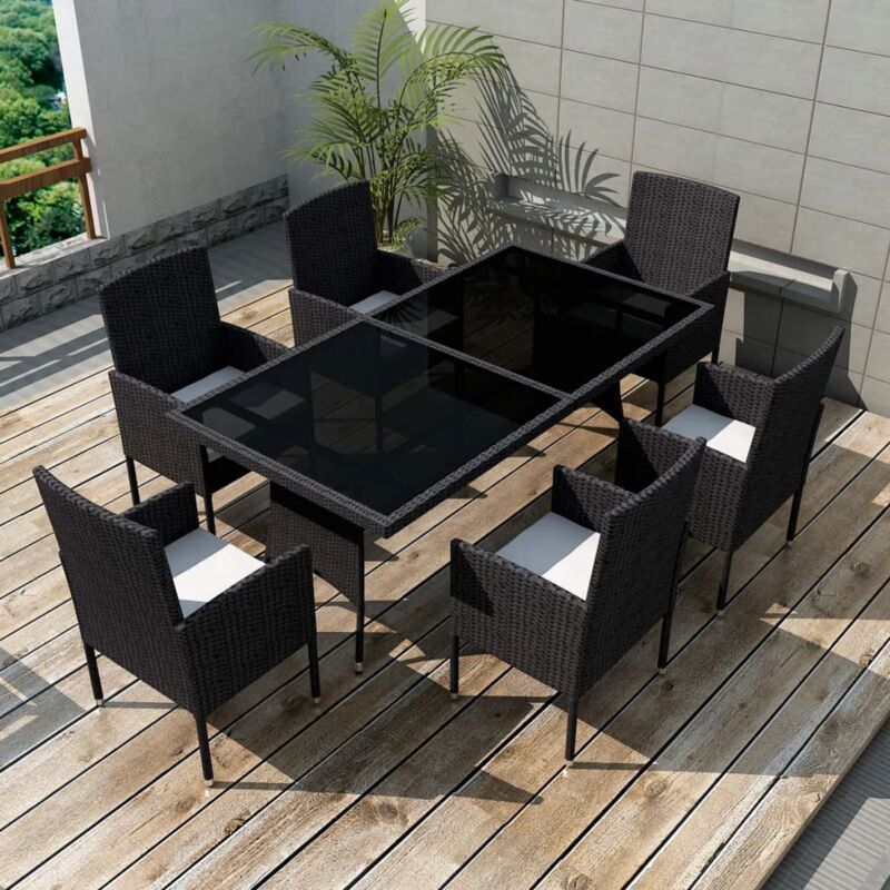 

Set comedor de jardín 7 piezas y cojines ratán sintético negro - Hommoo