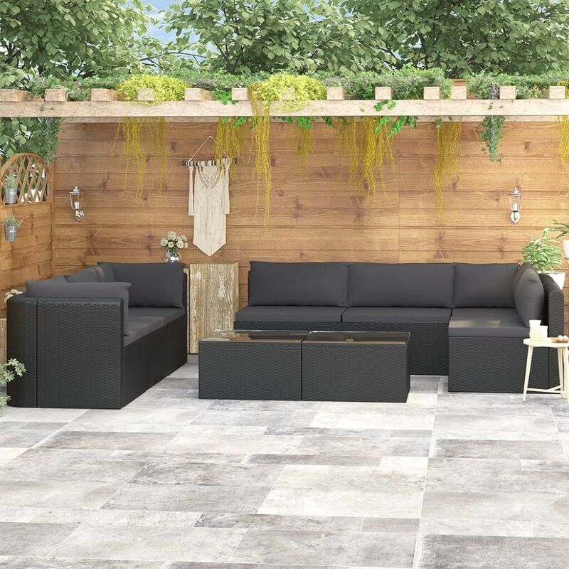 

Set de muebles de jardín 9 pzas y cojines ratán sintético negro - Hommoo