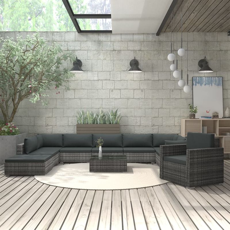 

Set de muebles de jardín 11 pzas y cojines ratán sintético gris - Hommoo