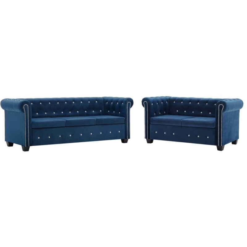 

Hommoo - Set de sofás Chesterfield 2 pzas tapicería de terciopelo azul