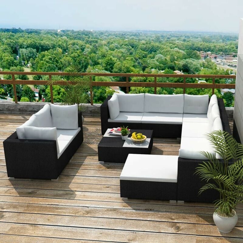 

Set muebles de jardín 10 piezas y cojines ratán sintético negro - Hommoo