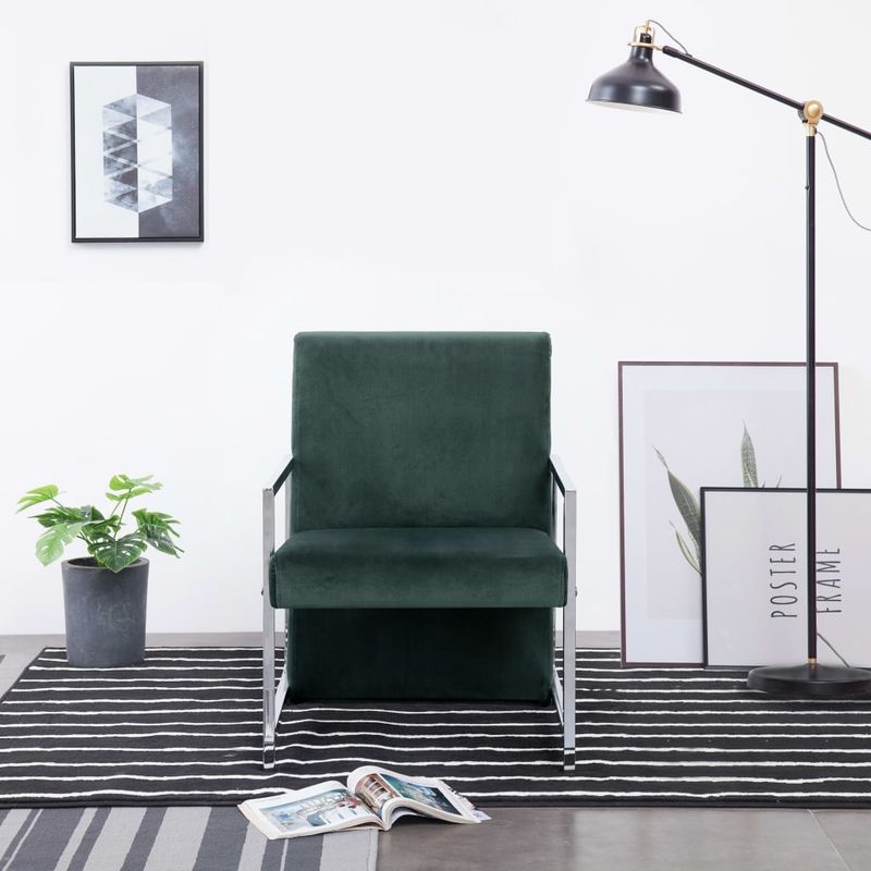 

Sillón con patas cromadas de terciopelo verde oscuro - Hommoo