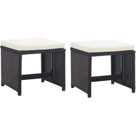 Hommoo Tabourets de jardin 2 pcs avec coussins Resine tressee Noir