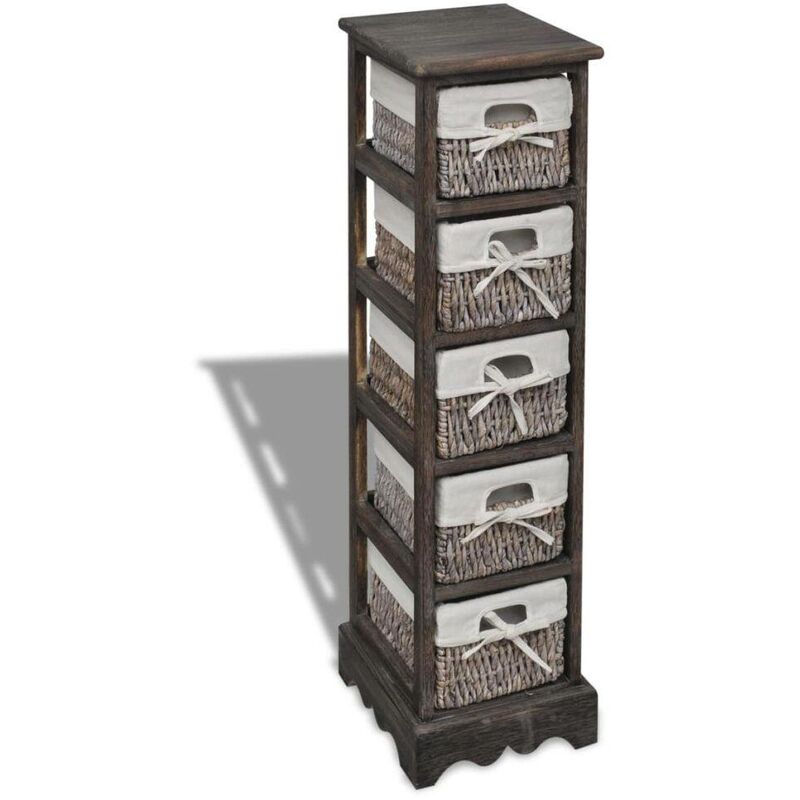 Hommoo - Wooden Storage Rack 5 Weaving Baskets Brown VD08405
