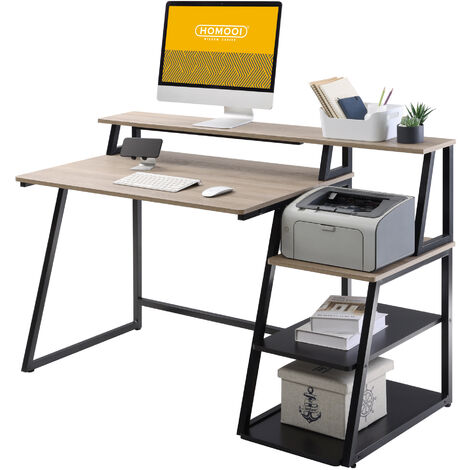 main image of "HOMOOI Computer Desk Wood Oak＆Black with Monitor Riser Storage Writing Table Workstation for Home Office 140x60x90cm H01B5130P"