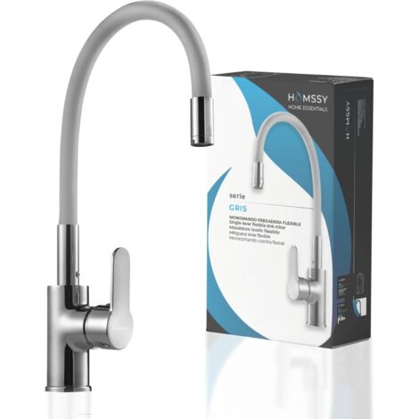 HOMSSY Grifo de Cocina Flexible Gris, Caño Alto y Ajustable 360°, Acero Inoxidable Recubierto en Caucho, Cuerpo de Latón, Grifo Monomando para Fregadero