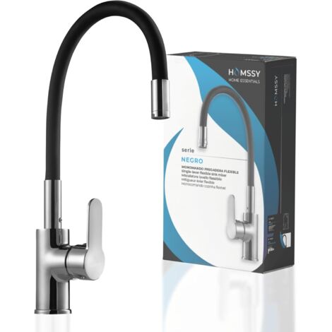 HOMSSY Grifo de Cocina Flexible Negro, Caño Alto y Ajustable 360°, Acero Inoxidable Recubierto en Caucho, Cuerpo de Latón, Grifo Monomando para Fregadero