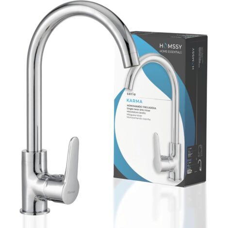 Homssy Grifo Monomando de Fregadero – Cuerpo de Latón con Acabado en Cromo, Caño Giratorio, Instalación Fácil con Fijador Easy Fix 35