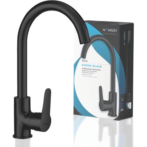 Homssy Grifo Monomando de Fregadero – Cuerpo de Latón con Acabado en Negro Mate, Caño Giratorio, Instalación Fácil con Fijador Easy Fix 35